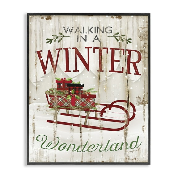 Stupell Industries Winter Wonderland Red Sleigh Wood Texture Christmas Word DesignFramed Wall Art By Artist Jennifer Pugh