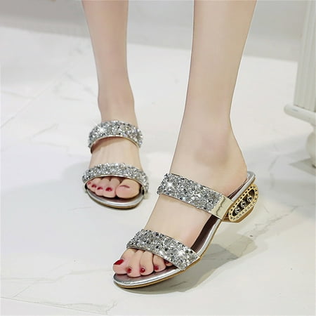 

MIASHUI shoes for women Fashion Summer Women Sandals Thick Heel Low Heel Double Strap Shiny Sequins