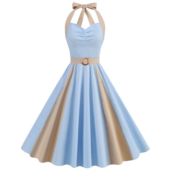 Women's Retro Swing Dress Mid Length Splicing Fashion Solid Color Lace Up Neck Casual Flowy Comfortable Elegant Style