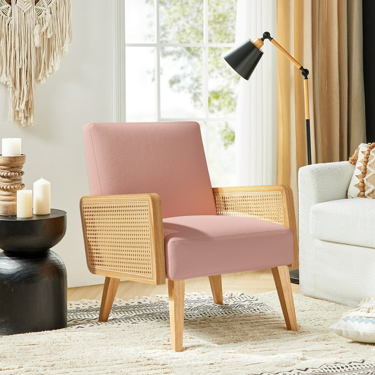 Farmhouse Accent Chair Rattan Armrests Fabric Upholstered Wooden