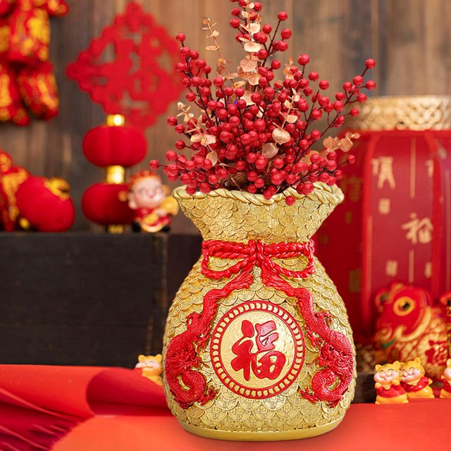 Florero chino para Festival de Primavera, adorno Feng Shui, florero, obra de arte, escultura de escritorio, florero de resina para decoración de Oro 17cm