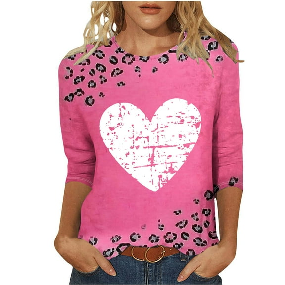 mihongmao Valentine Shirts for Women Ladies' Valentine's Day Printed Round Neck Three Quarter Sleeve 3/4 Sleeve T-shirt Loose Pink 4X