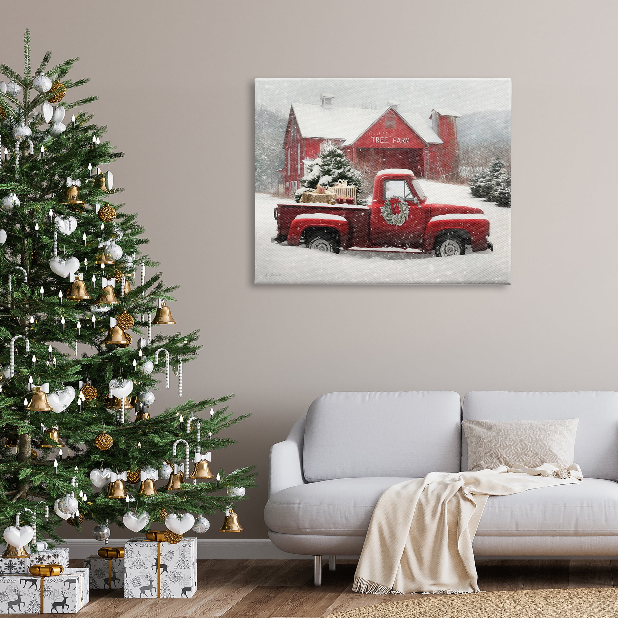 Tree Farm Red Truck Wintery Snow Flurries Transportation Painting Gallery-Wrapped Canvas Print Wall Art