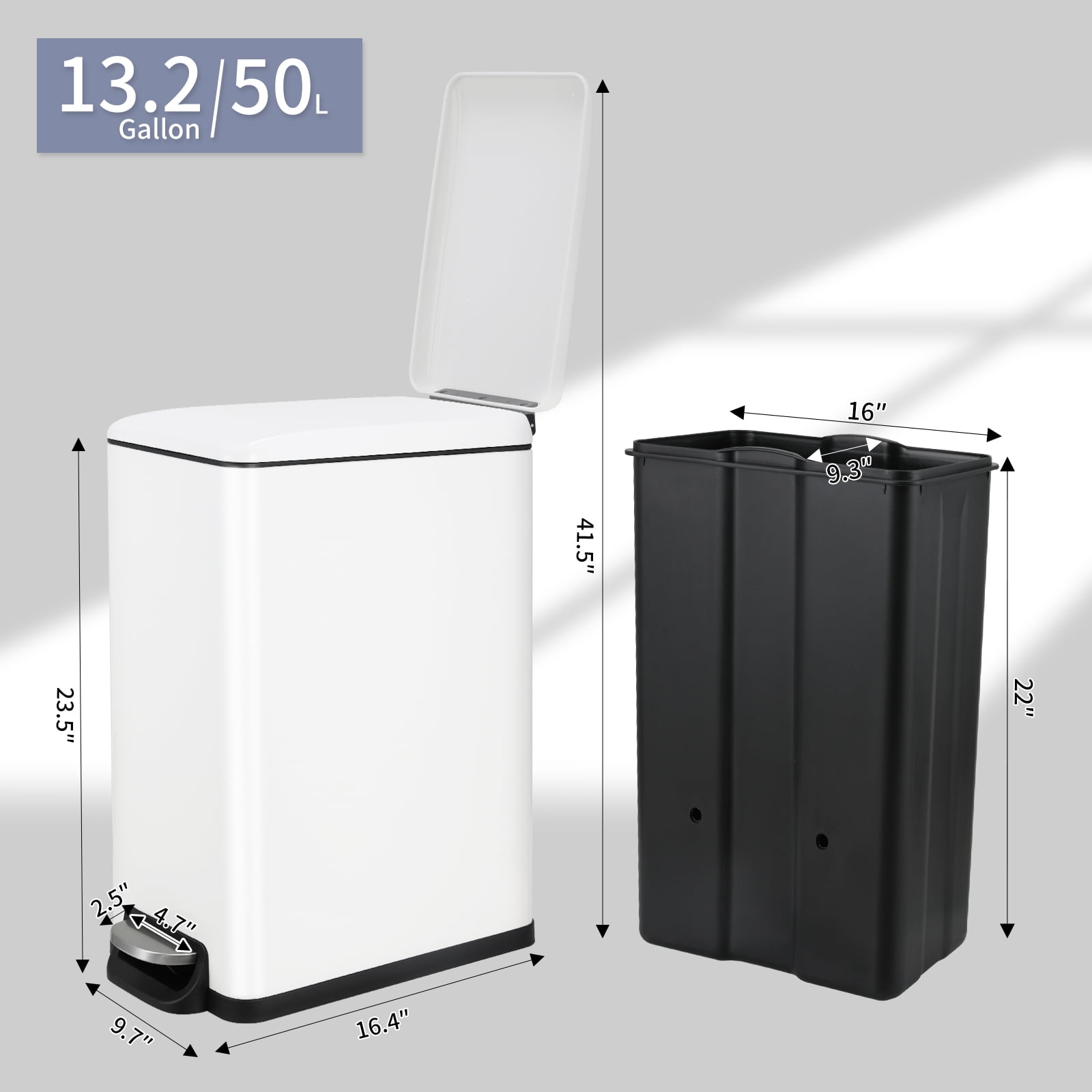TLSUNNY 13.2 Gal Slim Kitchen Trash Can, Stainless Steel Trash Can, w/Silent Foot Pedal, for Home, Office