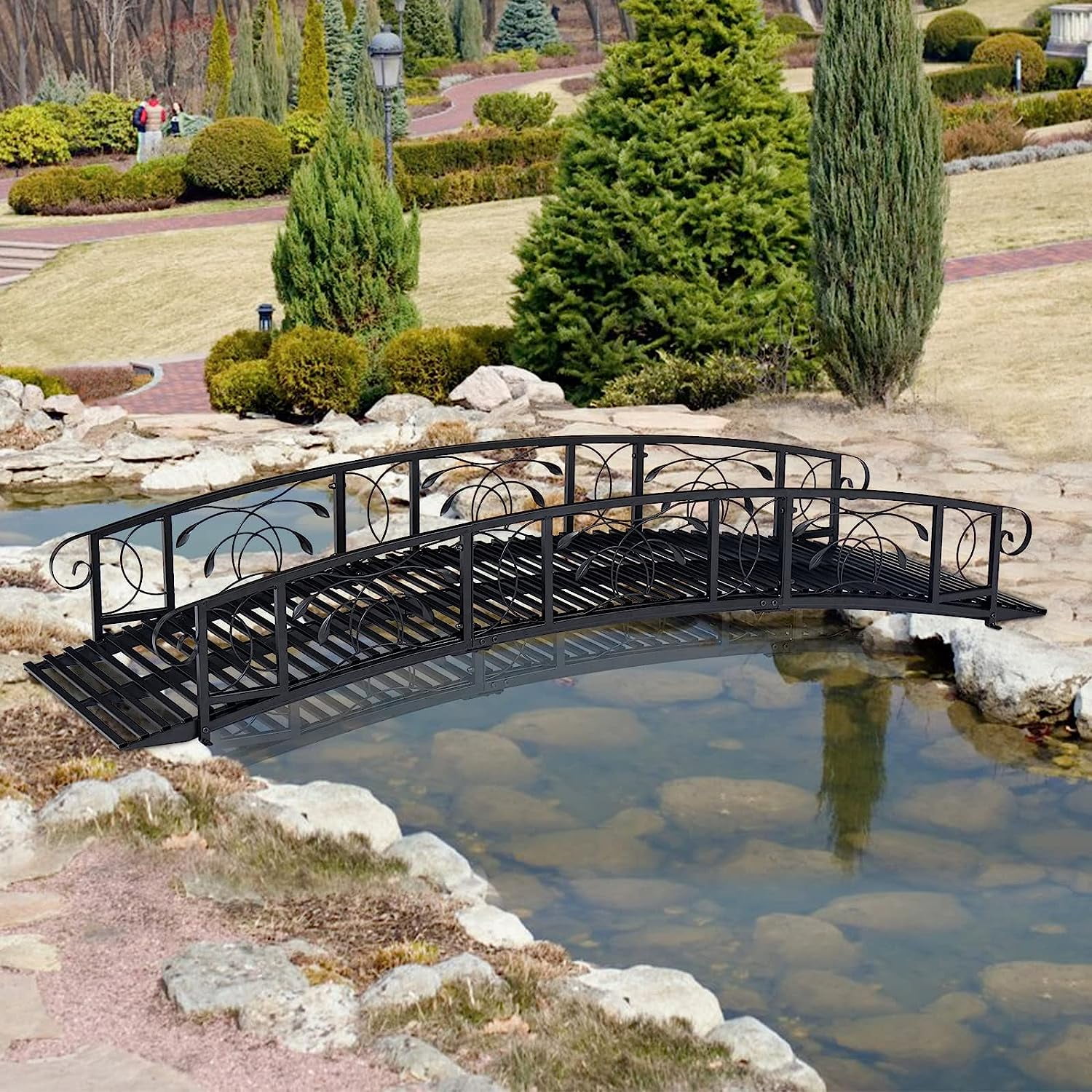 Kinbor 8 Ft Metal Garden Bridge, Garden Arch Footbridge w/ 2 Safety Patterned Siderails Outdoor Decorative, Black Kinbor 8 Ft Metal Garden Bridge, Garden Arch Footbridge w/ 2 Safety Patterned Siderails Outdoor Decorative, Black