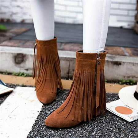 

HAOTAGS Women s Mid Heel Ankle Boots Tassels Pointed Toe Womens Dressy Shoes Brown Size 10.5