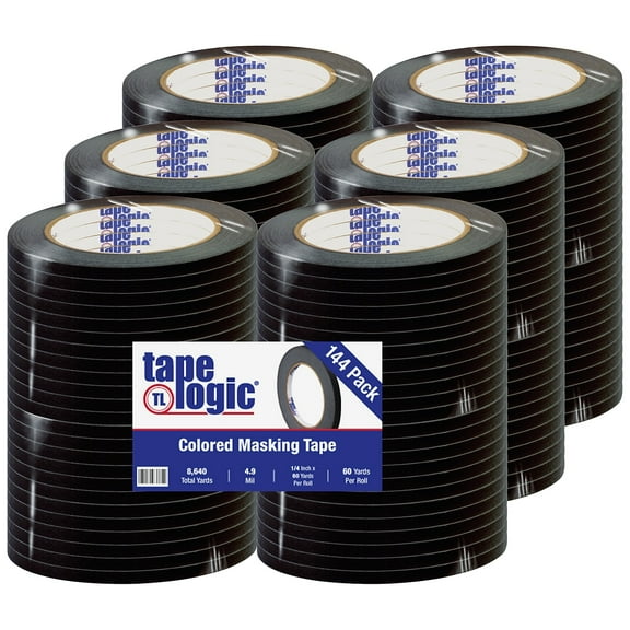 Tape Logic® Color Masking Tape, 3" Core, 0.25" x 180', Black, Case Of 144