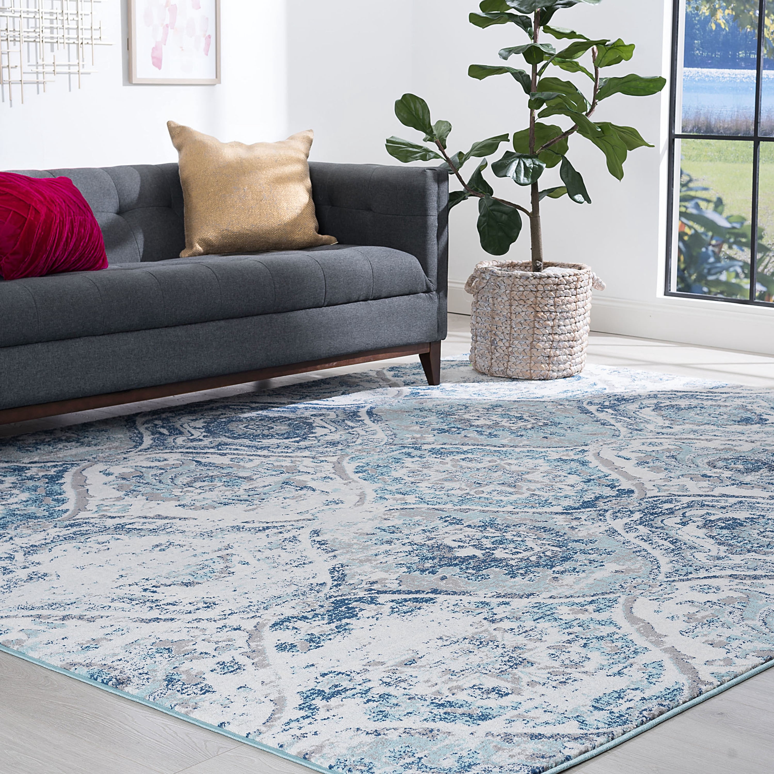 Transitional 9x12 Area Rug (8'9'' x 12'3'') Geometric Blue, Navy Living Room Easy to Clean