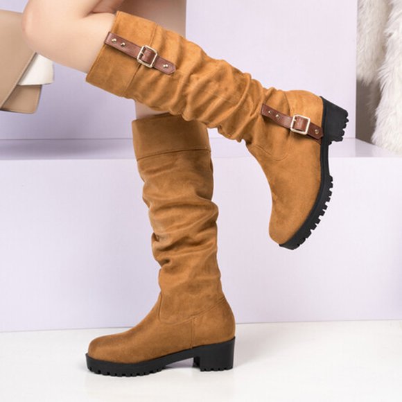 Amzcrzy Mid Calf Boots for Women Large Fall/Winter Knight Boots Belt Buckle Frosted Pleated Thick Mid Heel High Sleeve Women's Boots Womens Winter Boots Women's Boots Boots for Women Ladies Boots