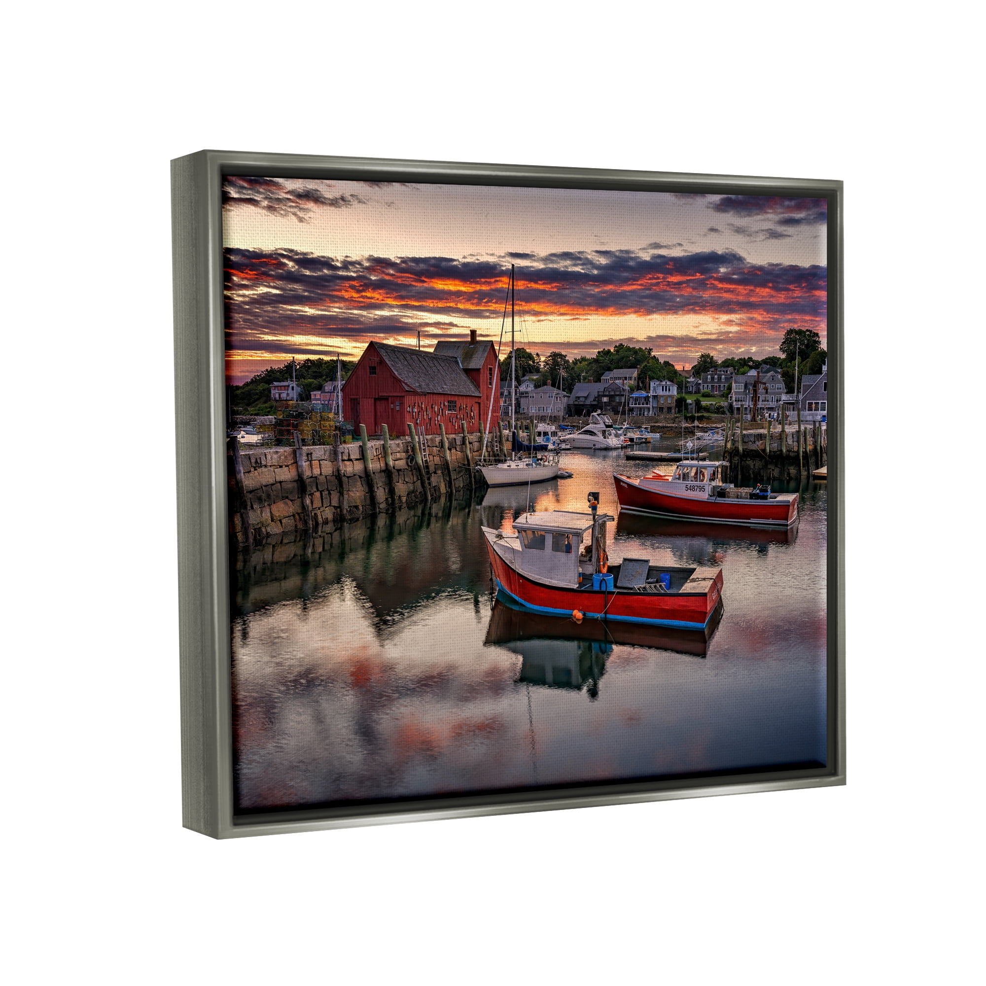 Stupell Boat Harbor Sunset Photography Landscape Photography Gray Floater Framed Art Print Wall Art