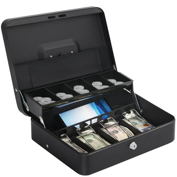 Metal Cash Box with Key Lock, Note and Coin Safe Box, Portable Large Double Layer Cash Box with Fixed Coin Tray and 2 Keys, Money Tin 11.8 X 9.4 X 3.5 Inch, Black