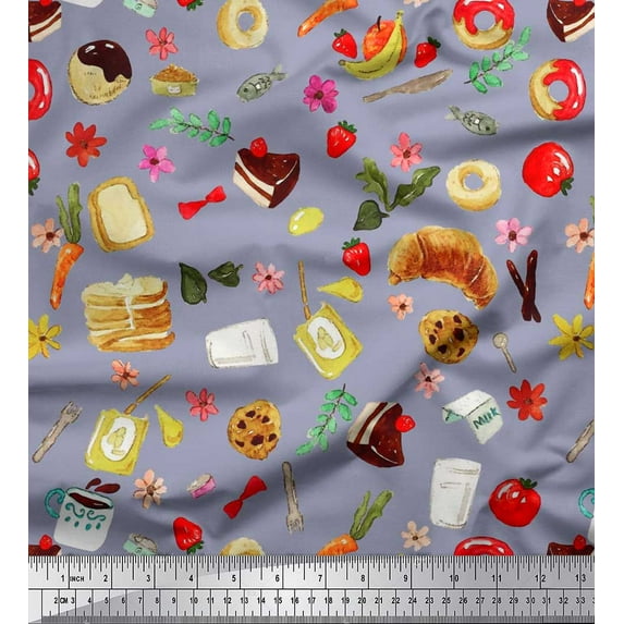 Soimoi Silk Fabric Fruits,Bread & Donut Food Print Fabric by The Yard 42 Inch Wide