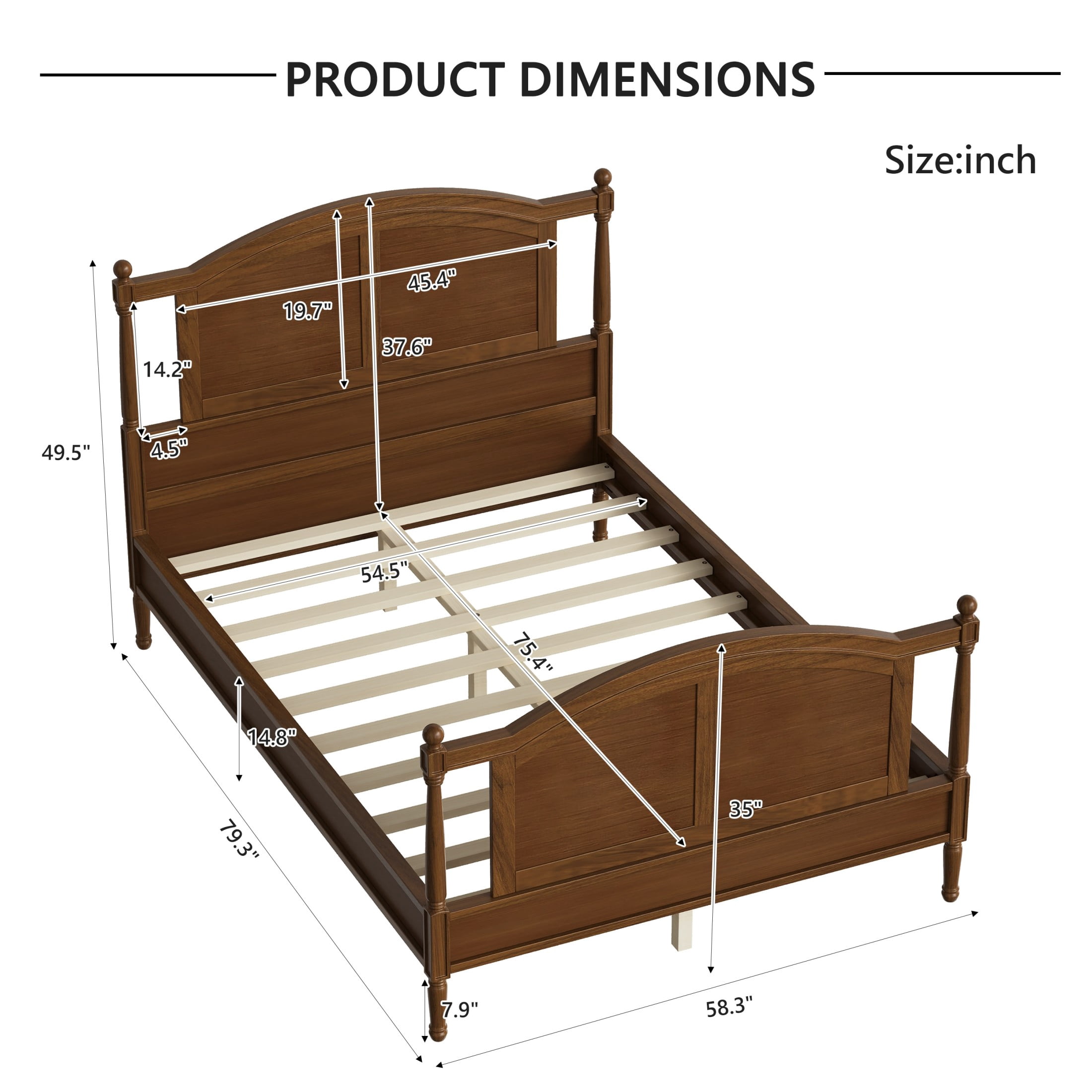 Noble House Norra Traditional Wooden Platform Full Bed Frame with Arched Headboard, Cottage Panel Bed Frame, Walnut