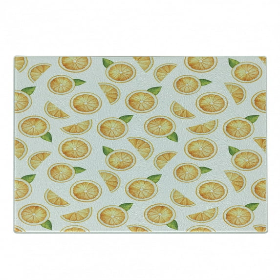 Green and Orange Cutting Board, Slices of Oranges with Leaves Summer Watercolor Fruit Pattern, Decorative Tempered Glass Cutting and Serving Board, Small Size, Pale Orange Fern Green, by Ambesonne