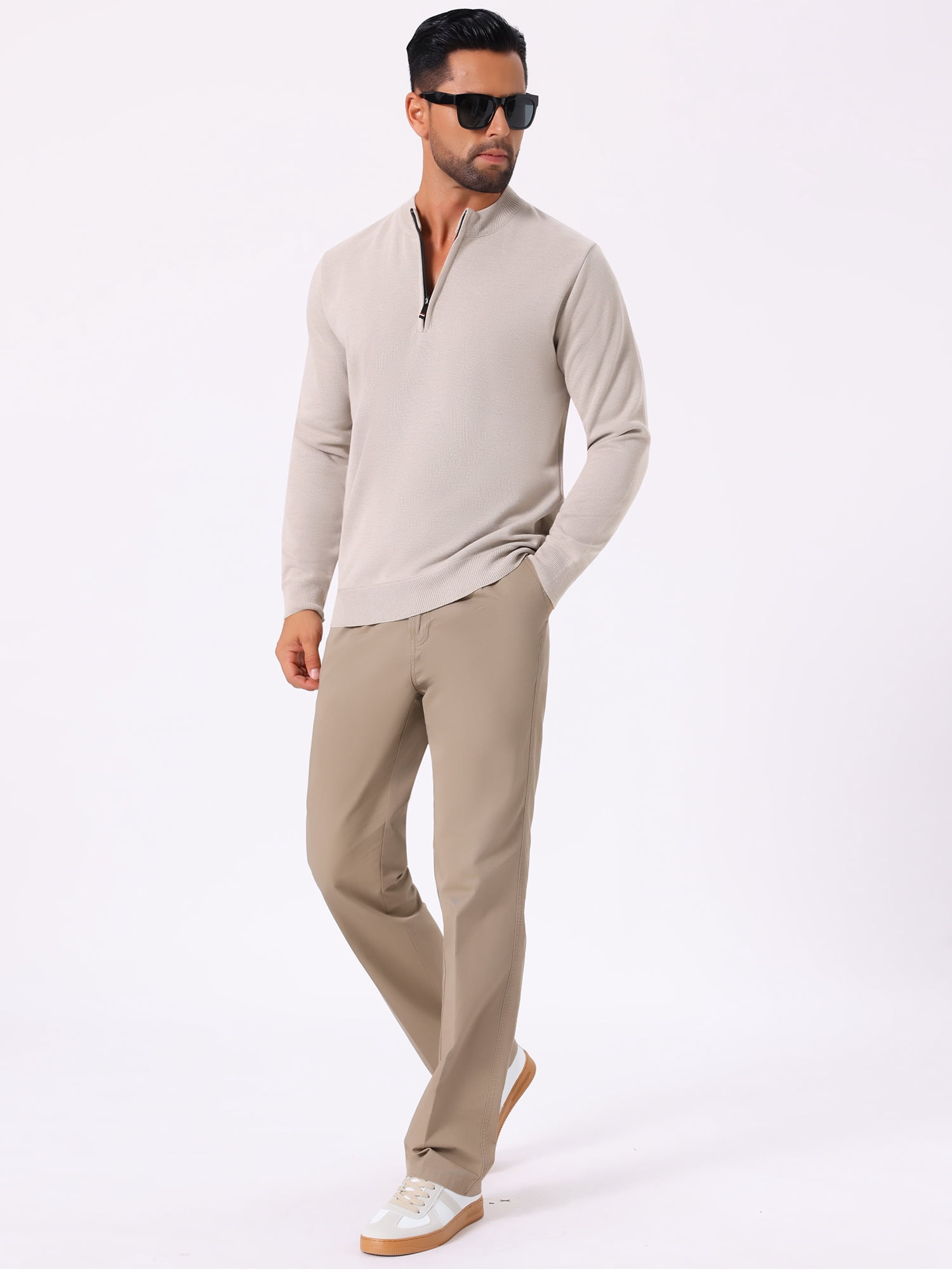 DARING DIVA Men's Mock Neck Pullover Quarter Zip Knitted Polo Sweater L Beige