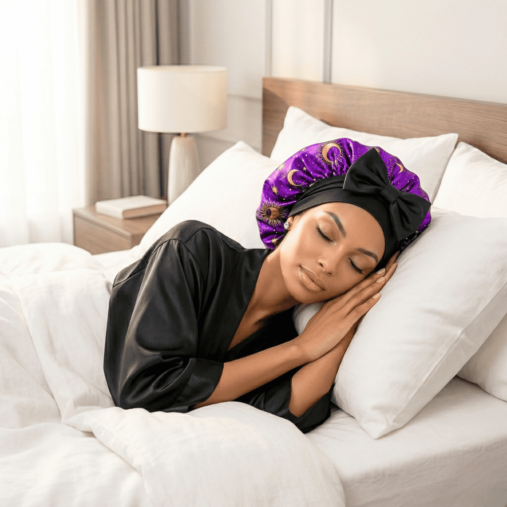 Prince Hair Company Reversible Silk Infused Satin Hair Bonnet, Purple Celestial, Small