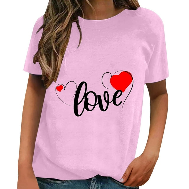 WEAIXIMIUNG Womens T Shirts Fitted V Neck Valentine's Day Short Sleeved Spring Summer All Printed Pattern Loose Crewneck Top T Shirt