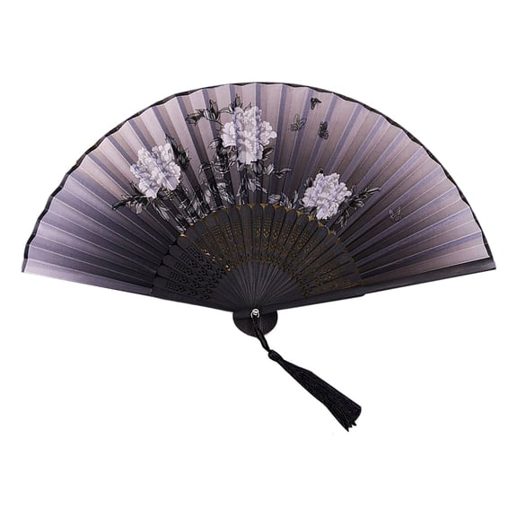 Black Oriental Style Handheld Paper Fan Polyester Fabric Wooden Craft for Room Living Room Dance Decoration