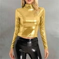 thumbnail image 2 of Duoif Womens Tops, Women's Metallic Liquid Mock Neck Turtleneck Crop Top Long Sleeve Shirts for Women Gold L, 2 of 5