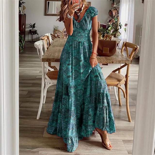 Kcavykas Robes pour Femmes, Cadeaux de Fête des Mères, Mode Grande Taille Robe Décontractée à Manches Courtes Imprimée Florale Col en V