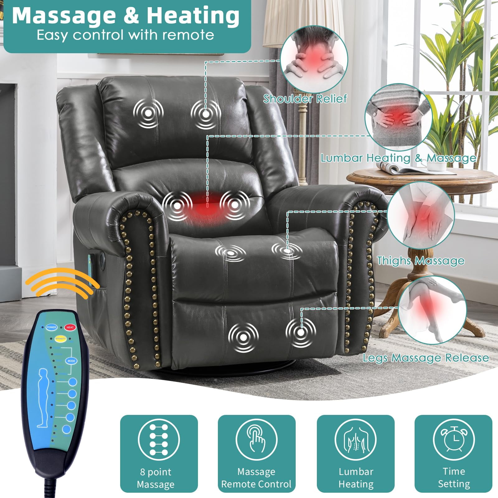 MEETWARM Massage Swivel Rocker Recliner, Manual Glider Rocking Recliner Chair with Heat and Vibration, 360°Swivel Lounge Reclining Chair with Remote Control/USB Ports for Living Room(Gray)