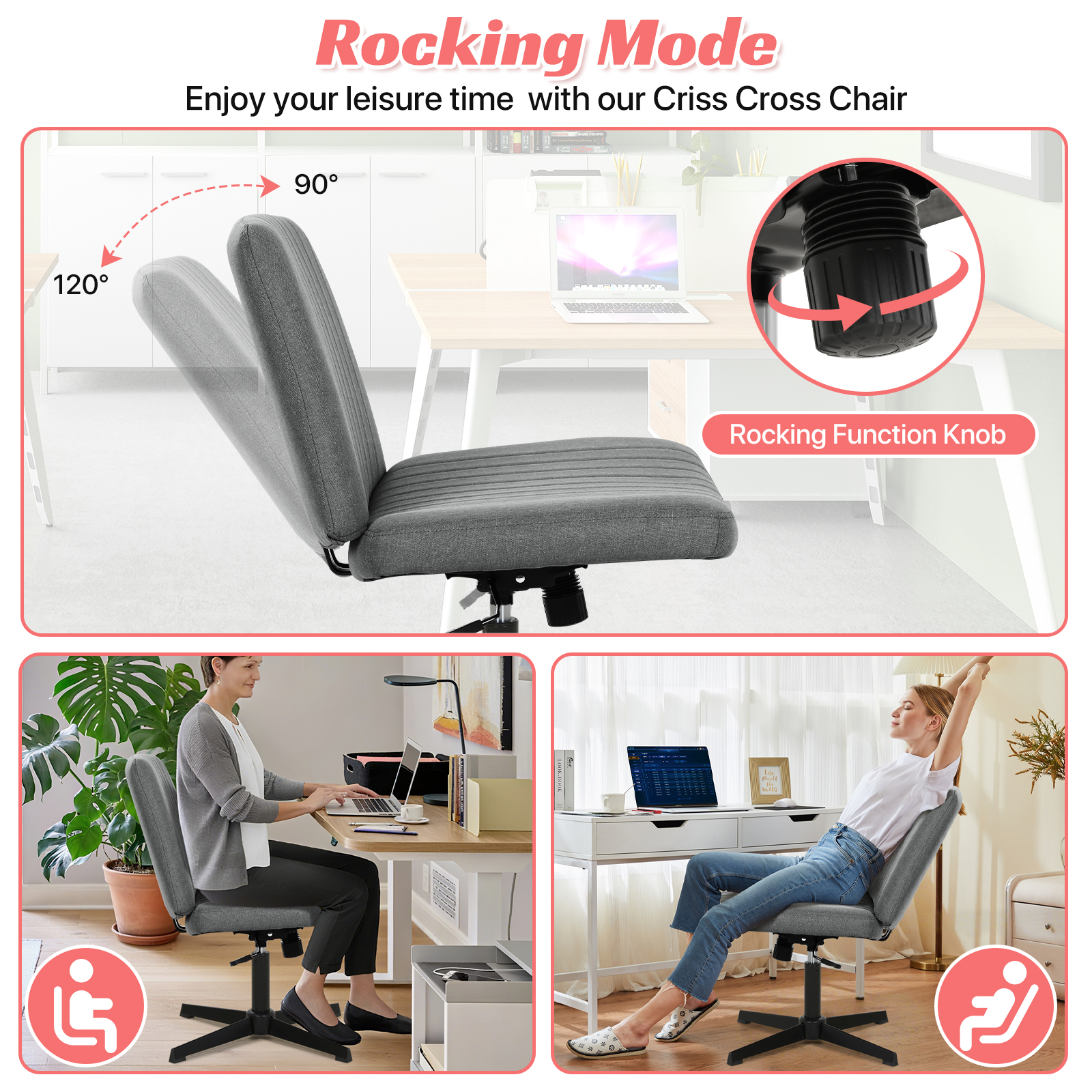 Criss Cross Chair, Armless  Vanity Chair Cross Legged Office Chair,  Adjustable Wide Swivel Desk Chair for Home Office No Wheels, Grey