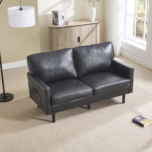 MOONMISS Mid Century Modern Loveseat,with USB & Demountable Pillow Cover for Living Room Bedroom,Black PU