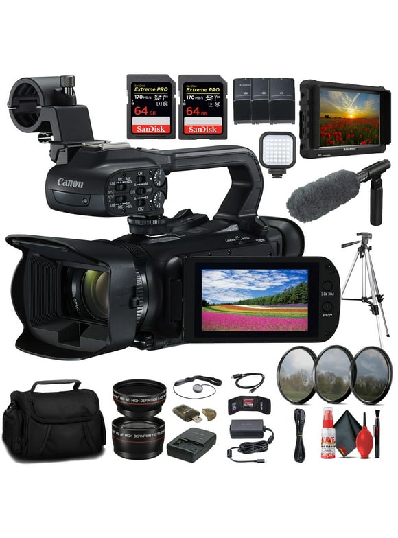 Canon XA60 Professional UHD 4K Camcorder (5733C002) + 4K Monitor + Pro Mic + 2 x 64GB Memory Card + 2 x BP828 Battery + BP820 Charger + Filter Kit + Pro Tripod + Bag + LED Light + More