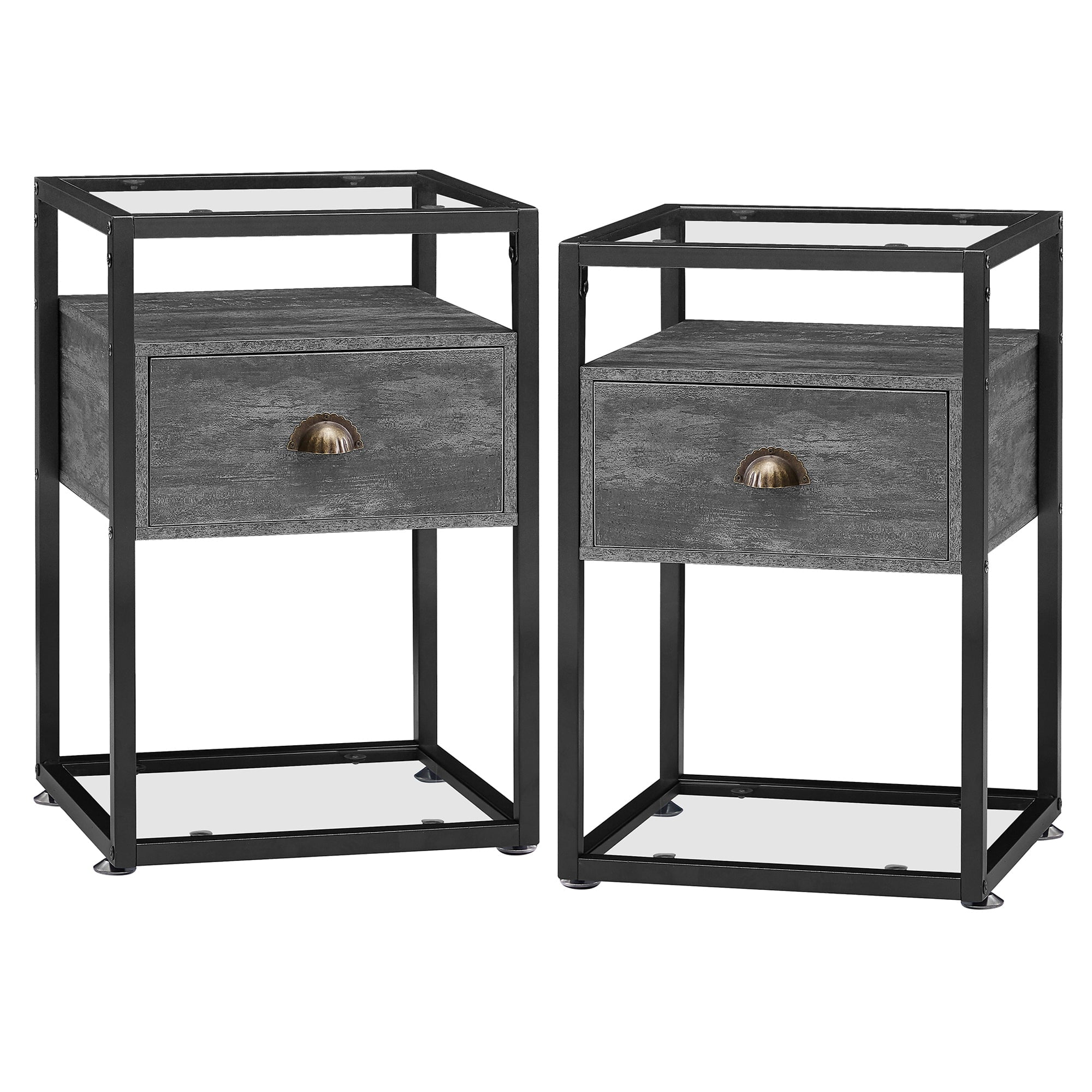VECELO Set of 2 Tempered Glass Top Nightstand with Drawer, Industrial