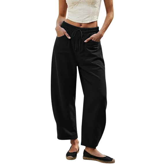 XIAONU Drawstring Elastic Waist Pants for Women Casual Loose Fit Barrel Leg Everyday Cropped Trousers