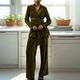 thumbnail image 4 of Women's Fashion Casual Long-Sleeved Solid-Colour Pleated Velvet Two-Piece Set with Belt and Straight-Leg Trousers, Elegant and Modern,Army Green,XL, 4 of 5