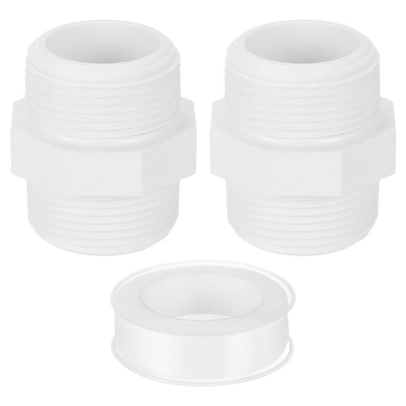 Uxcell Nipple Male Thread Coupling Adapter Connector, 2Pcs 32mm(1-1/4") Pipe Fitting with Sealant Tape (Male to Male), Hose Adapter Coupling for Thread plumbing Pipe (White)