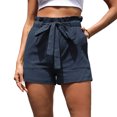 thumbnail image 1 of Pantalones cortos casuales de color morado y azul para mujer con cinturón, ideales para el verano, pantalones cortos de cintura alta con bolsillos, 1 of 6
