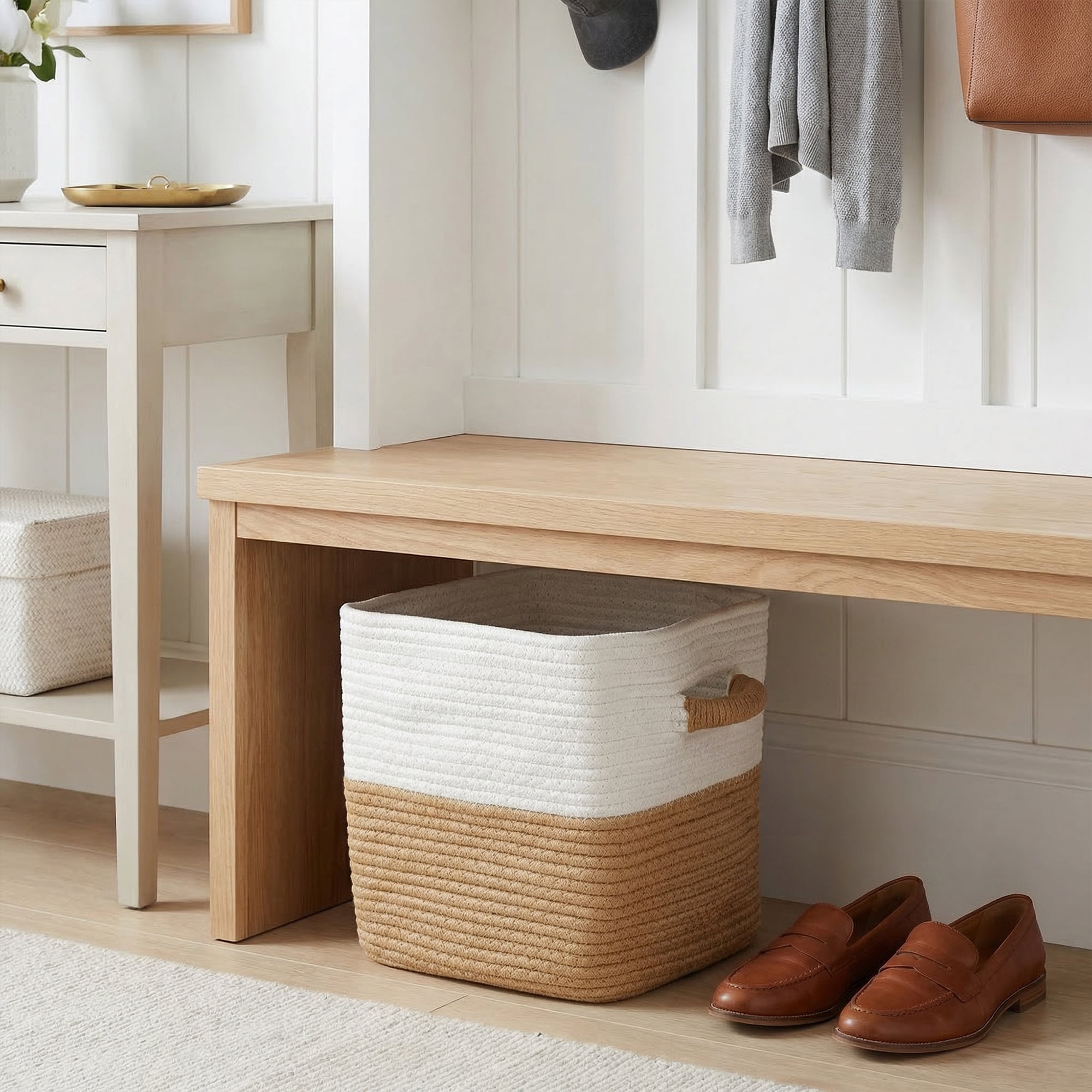 Unique Bargains Woven Storage Basket Shelf Closet White Brown 11*11*11in