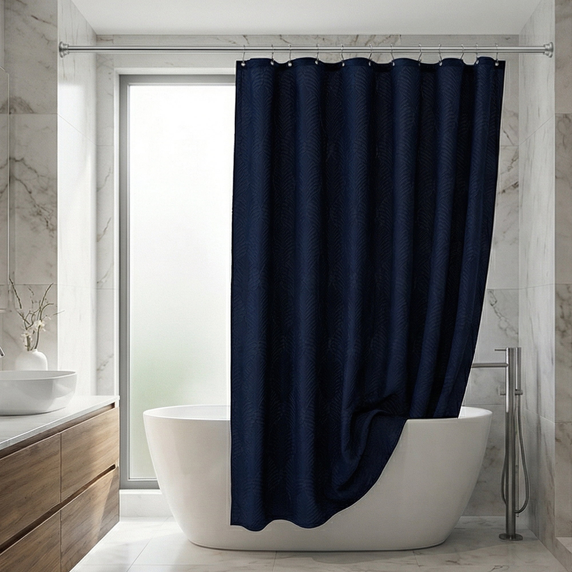 Unique Bargains Waterproof Fabric Shower Curtain Sets Dark Blue - Leaves 71"W x 71"L