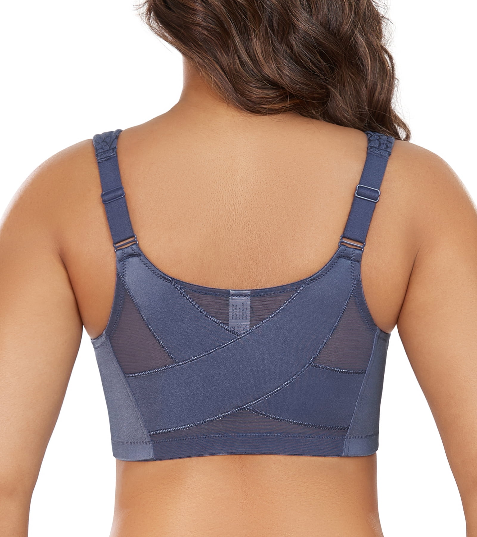 Exerin Women's Front Closure Full Coverage Wirefree Posture Back Plus Size Bra(44D,Blue)