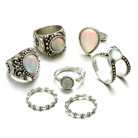 KABOER Boho Vintage Flower Opal Rings For Women Geometric Pattern Big Knuckle Rings Set Bohemian Jewelry Party Gift 7