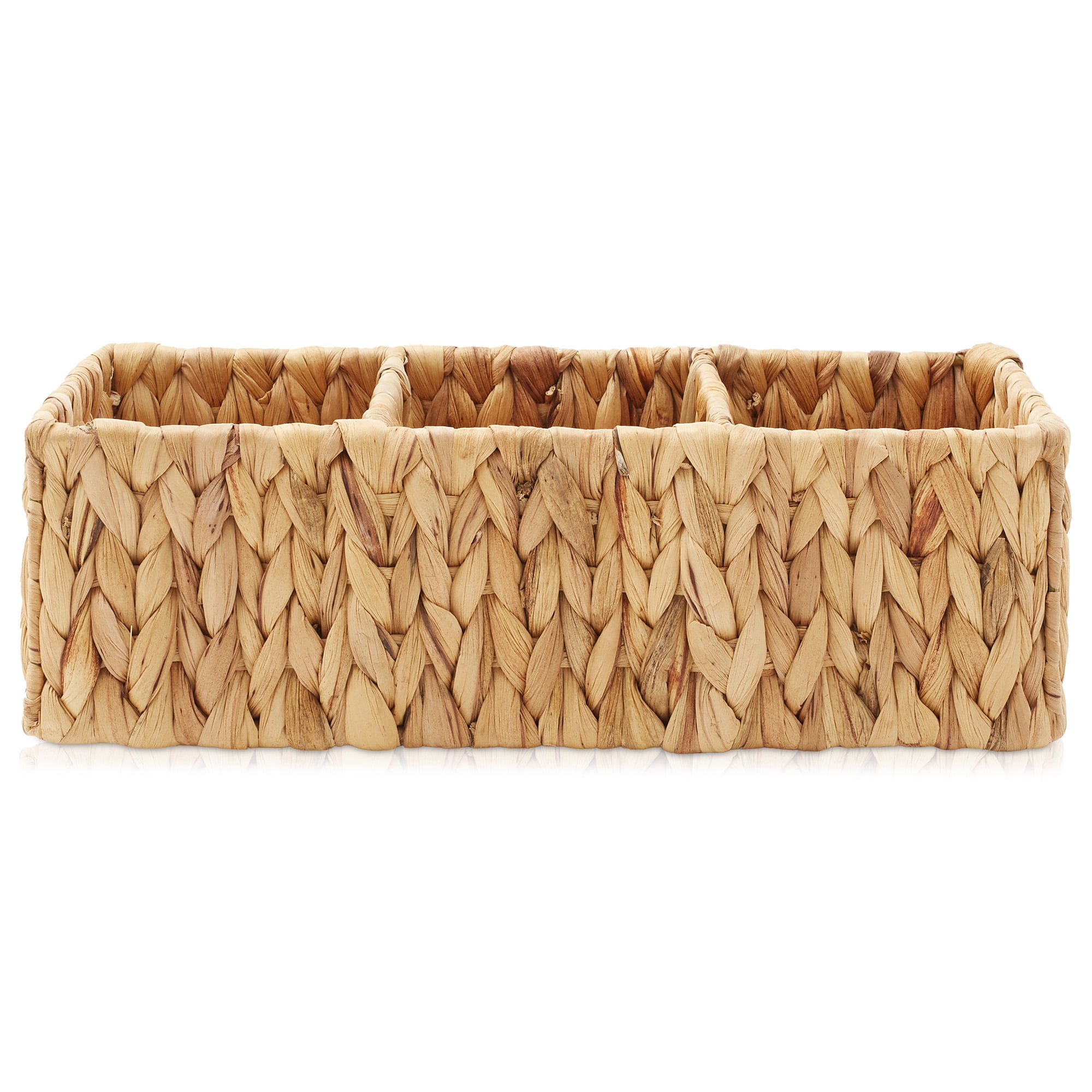 Casafield Set of 2 Water Hyacinth Storage Baskets with 3 Sections, Natural - Woven Bin Organizers for Bathroom, Laundry, Pantry, Office, Shelves