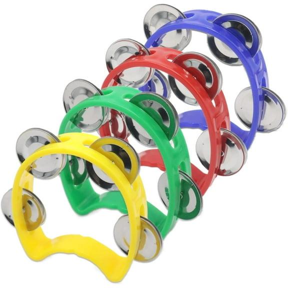 4-Pack Plastic Percussion Handheld Tambourines with 4 Jingle Bells, Mini Hand Bell Percussion, Musical Rhythm Instruments in 4 Colors for Kids, Adults, School and Party