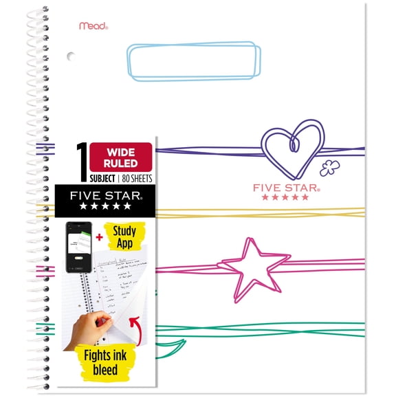 Five Star Doodle Spiral Notebook Plus Study App 1 Subject Wide Ruled 8 x 10 12 -