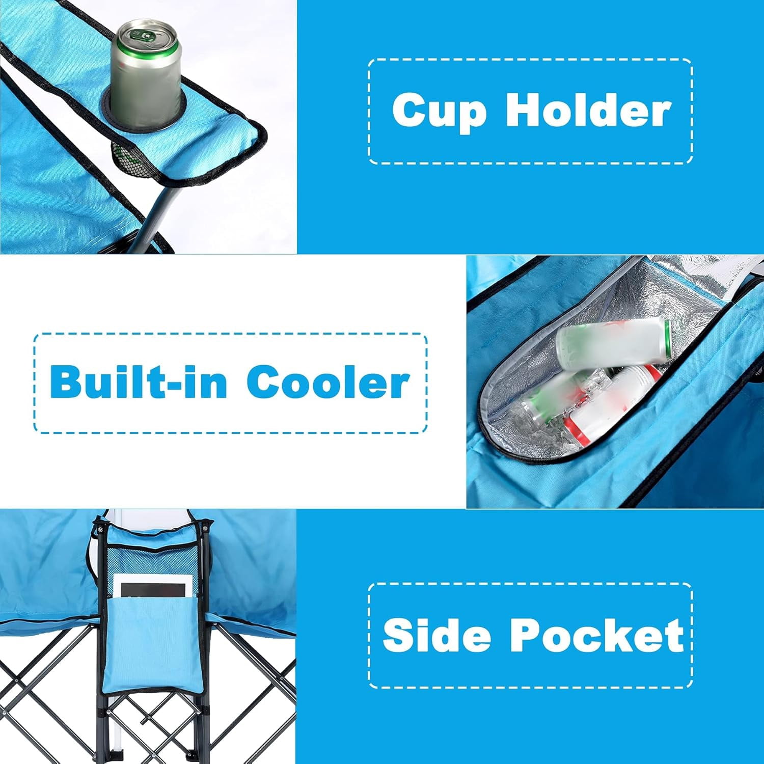 LAZZO Outdoor Double Camping Chair with Umbrella, Portable Folding Beach Chair with Cup Holder, Built-in Cooler and Carry Bag, Blue