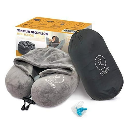 Hooded Neck Pillow and Silicone Ear Plugs, Premium Sleep Travel Kit, Ultra Soft Memory Foam Airplane Cushion, Adjustable Drawstring Hood, with Carrying Bag by ROVAZO