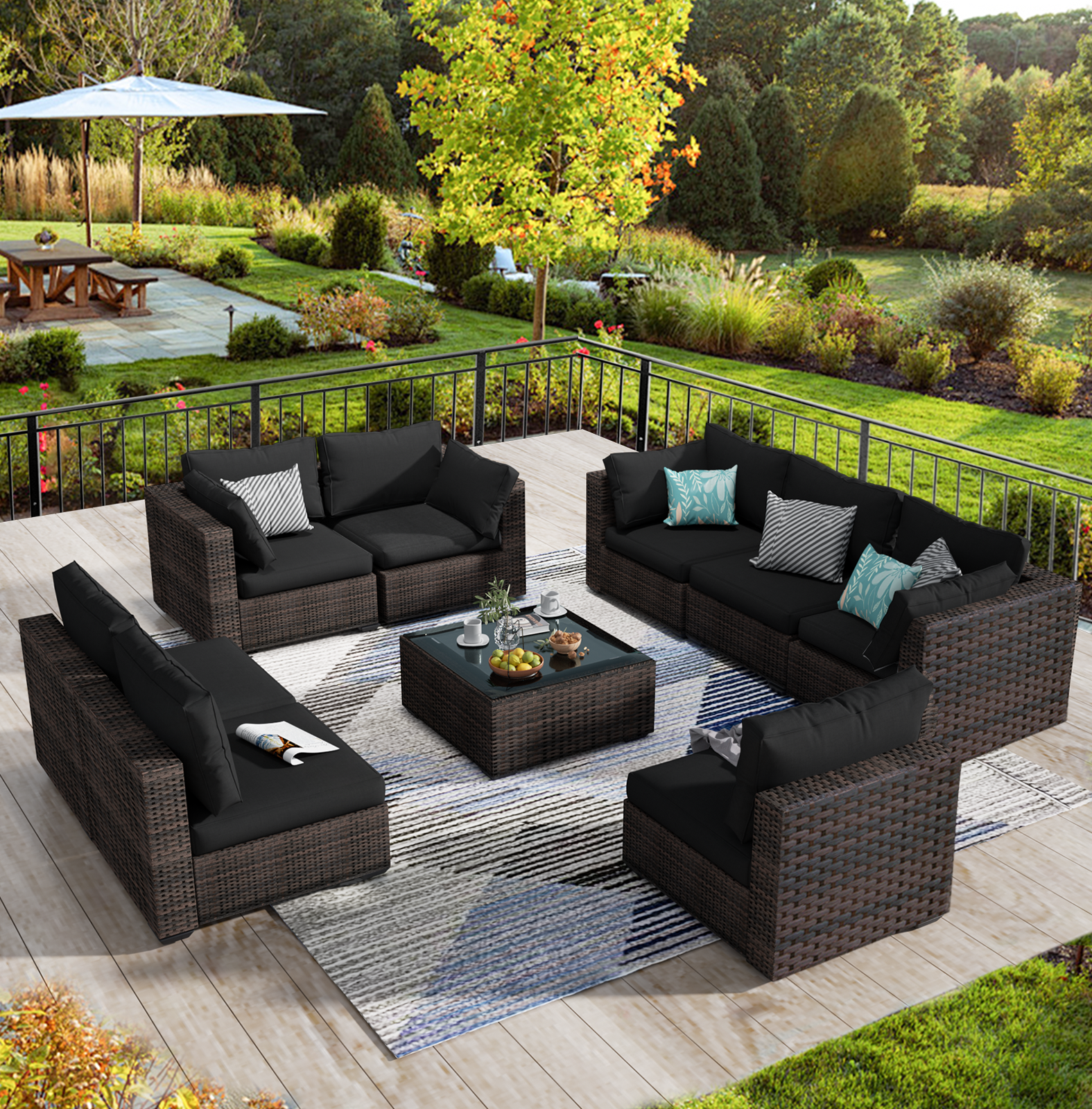 Grezone 9 Pieces Outdoor Patio Furniture, PE Wicker Rattan Sectional Sofa Patio Conversation Sets