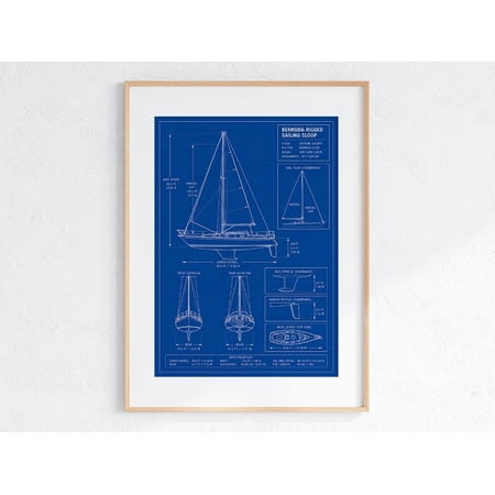 Sailing Sloop Blueprint Bermuda Sloop Print Nautical Wall Art Sailboat Decor Boat Lover Gift