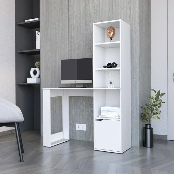 Office Desk In White, Furnished With 4 Bookcase And Convenient Lower Storage Area Including Substantial Secret Box