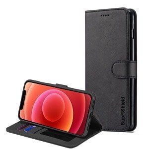 Apple iPhone 12 Mini Noir Véritable SupRShield Portefeuille en Cuir à Rabat Support Étui Magnétique