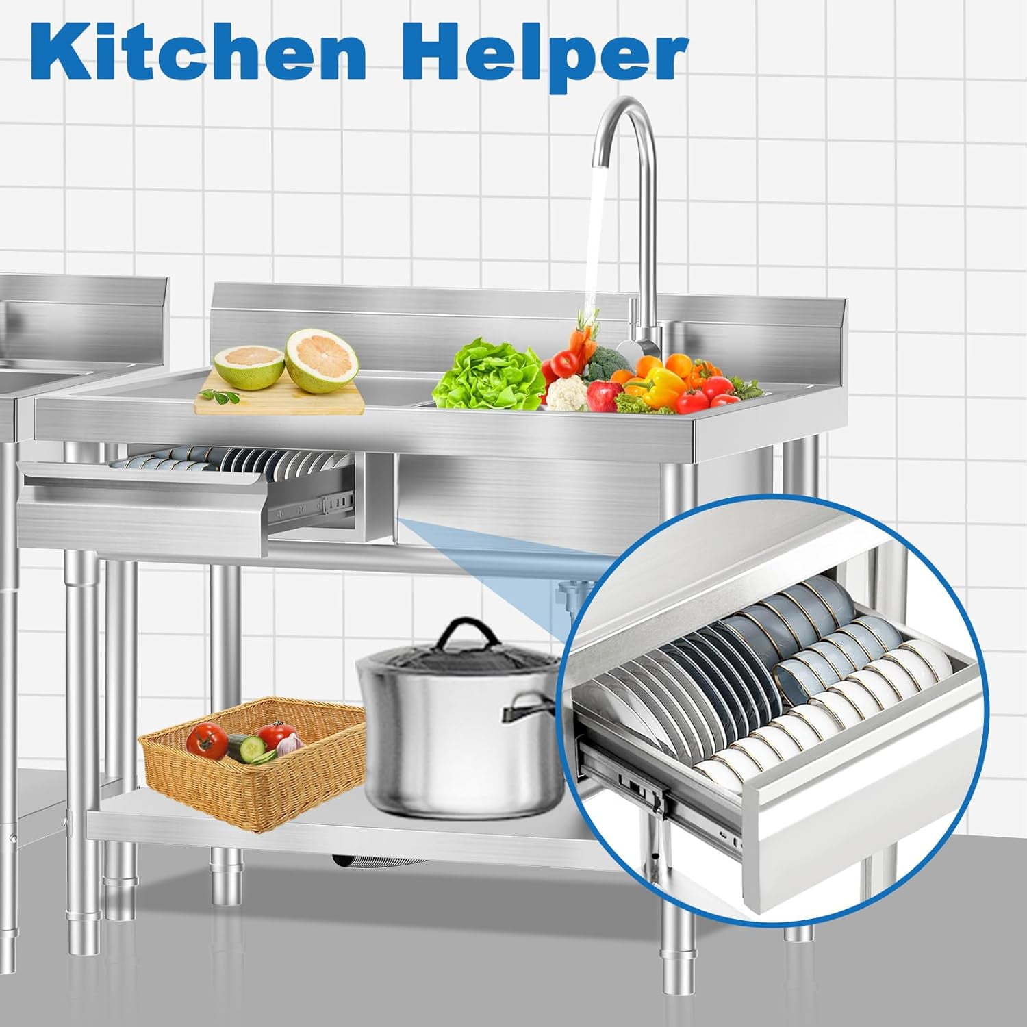 Stainless Steel Utility Sink Freestanding Single Bowl Laundry Sink With Hot And Cold Water Plumbing Workbench Drawers For Laundry Room Farmhouse Indoor And Outdoor Sink