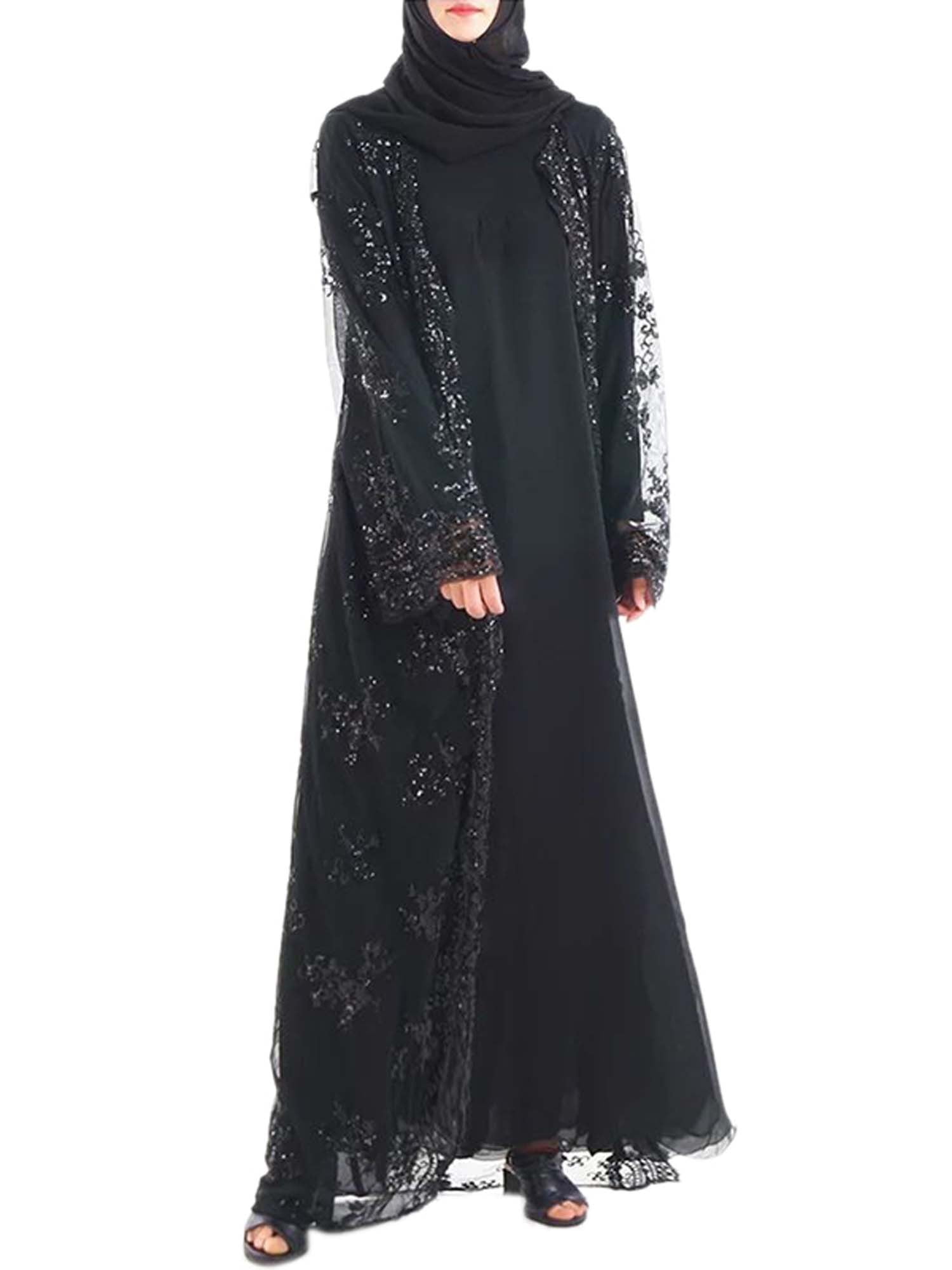 Wodstyle Women Muslim Sequin Embroidered Cardigan Dubai Kaftan Maxi Robe Dress