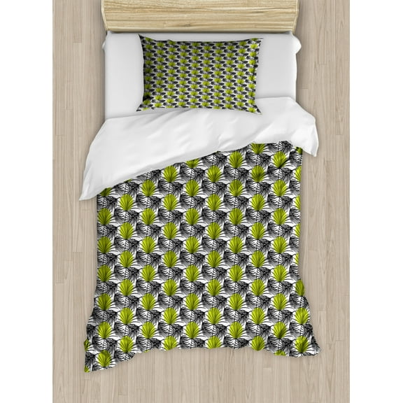 Floral Duvet Cover Set Twin Size, Repeated Pattern of Palm Tree Leaves and Large Polka Dots on Background, Decorative 2 Piece Bedding Set with 1 Pillow Sham, White and Yellow Green, by Ambesonne