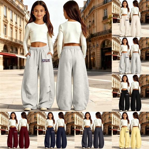 LRen Girls Wide Leg Sweatpants Kids Baggy Elastic Waistband Curved Leg Letter Prints Cute Y2k Loose-Fit Trousers with Pockets Fall Fashion Preppy Back To School Clothes,5-15 Years